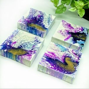 Set small abstract acrylic paintings in blue purple resin on canvas Original